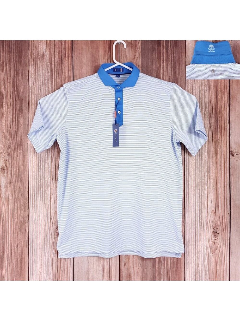 NWT Stitch Bowery Mens M/L Sebonac Blue SS Golf Polo Shirt Striped Performance